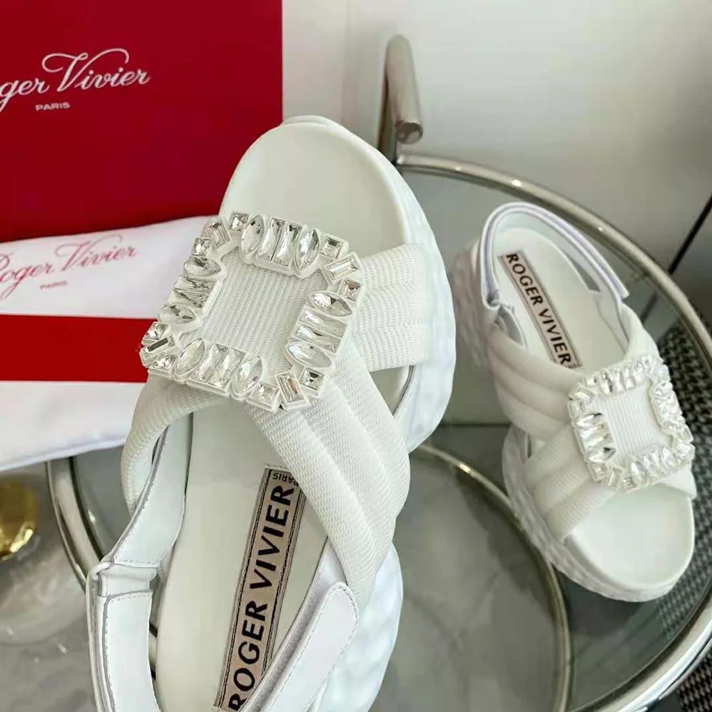 Roger Vivier Viv' Run Light Strass Buckle Sandals in Fabric for Women in White