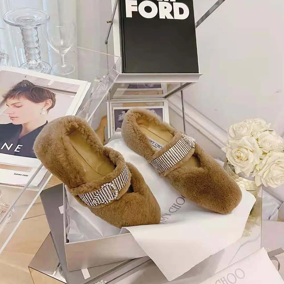 Jimmy Choo Krista Flat Latte Faux Fur Flats with Crystal for Women in Embellished Strap Jimmy Choo Krista Flat Latte Faux Fur Flats with Crystal for Women in Embellished Strap