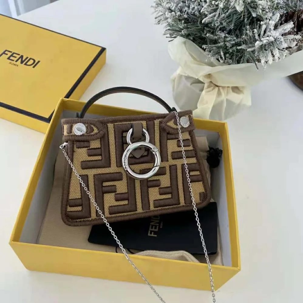 Fendi Nano Peekaboo Charm Gray FF Canvas Charm for Women in Brown Fendi Nano Peekaboo Charm Gray FF Canvas Charm for Women in Brown