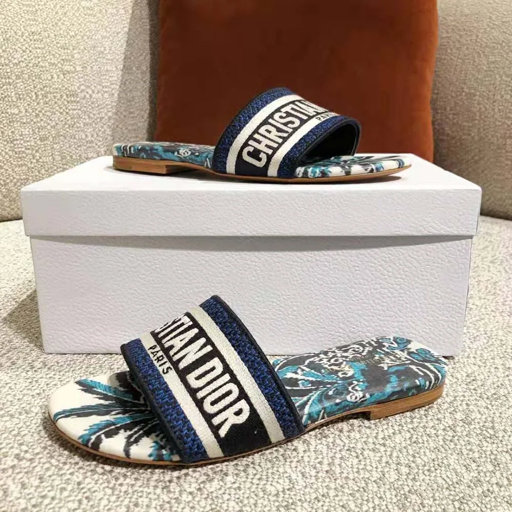 Dior Dway Slide Indigo Blue Dior Palms Embroidered Cotton for Women Dior Dway Slide Indigo Blue Dior Palms Embroidered Cotton for Women