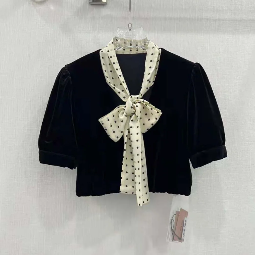 Miu Miu Scarf Collar Velvet Top for Women in Black Miu Miu Scarf Collar Velvet Top for Women in Black