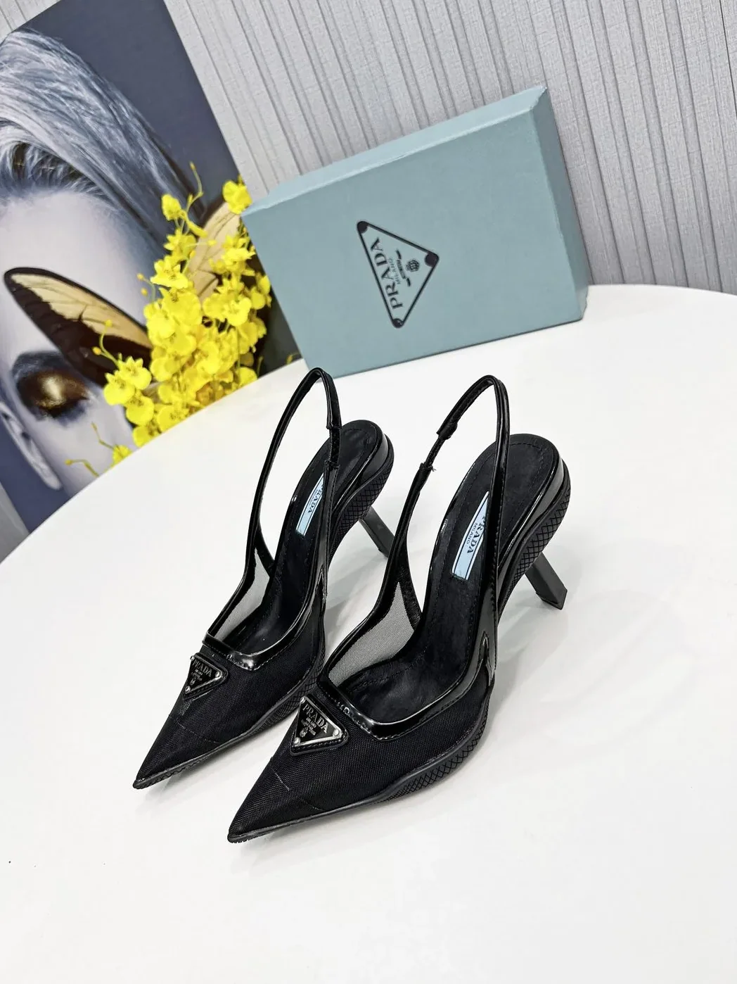 Prada Mesh Fabric Slingback Pumps Black