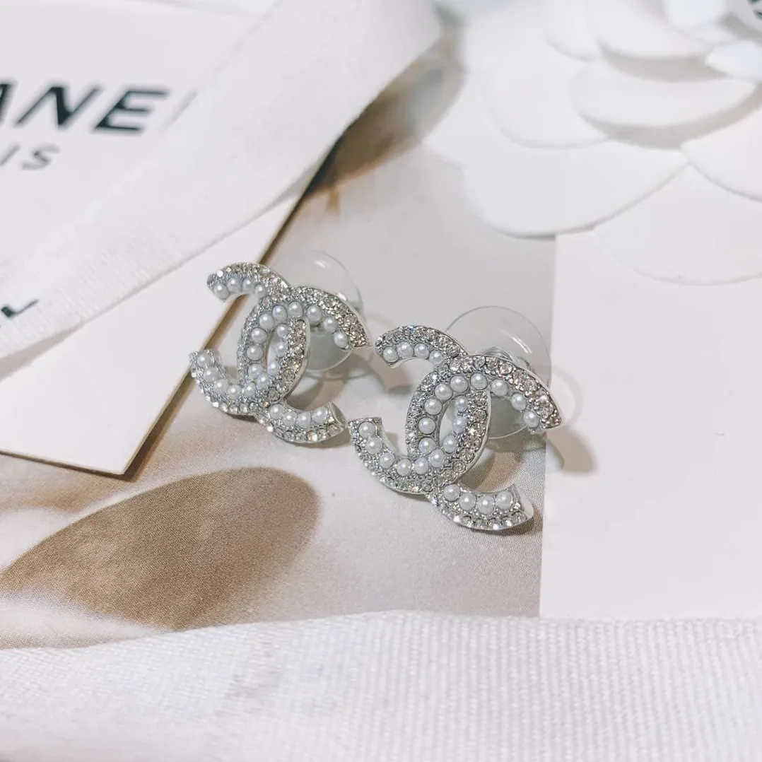 Chanel Rhinestone Double C Earrings Silver Chanel Rhinestone Double C Earrings Silver