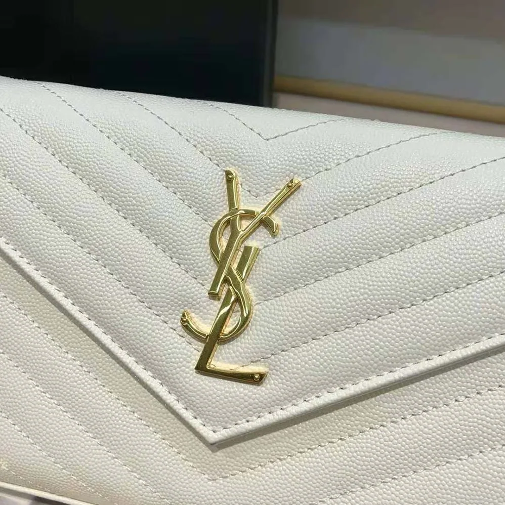 Saint Laurent YSL Monogram Chain Wallet in Grain De Poudre Embossed Leather for Women in White