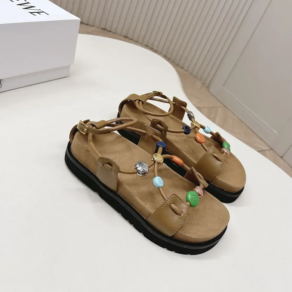 Loewe Pebble Beads Fussbett Sandal in Nappa Lambskin for Women in Camel Loewe Pebble Beads Fussbett Sandal in Nappa Lambskin for Women in Camel