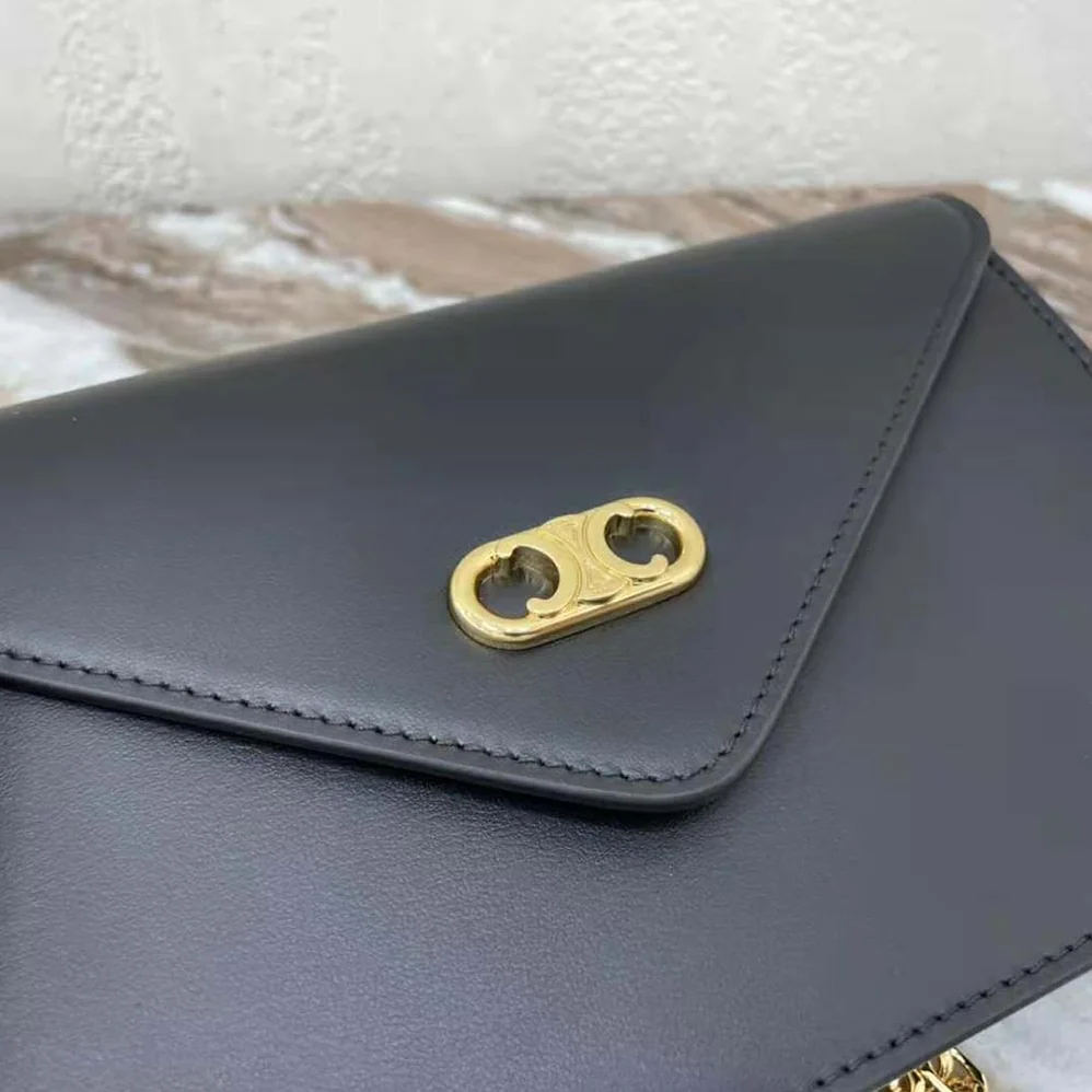 Celine Maillon Triomphe Wallet on Chain in Shiny Calfskin for Women in Black