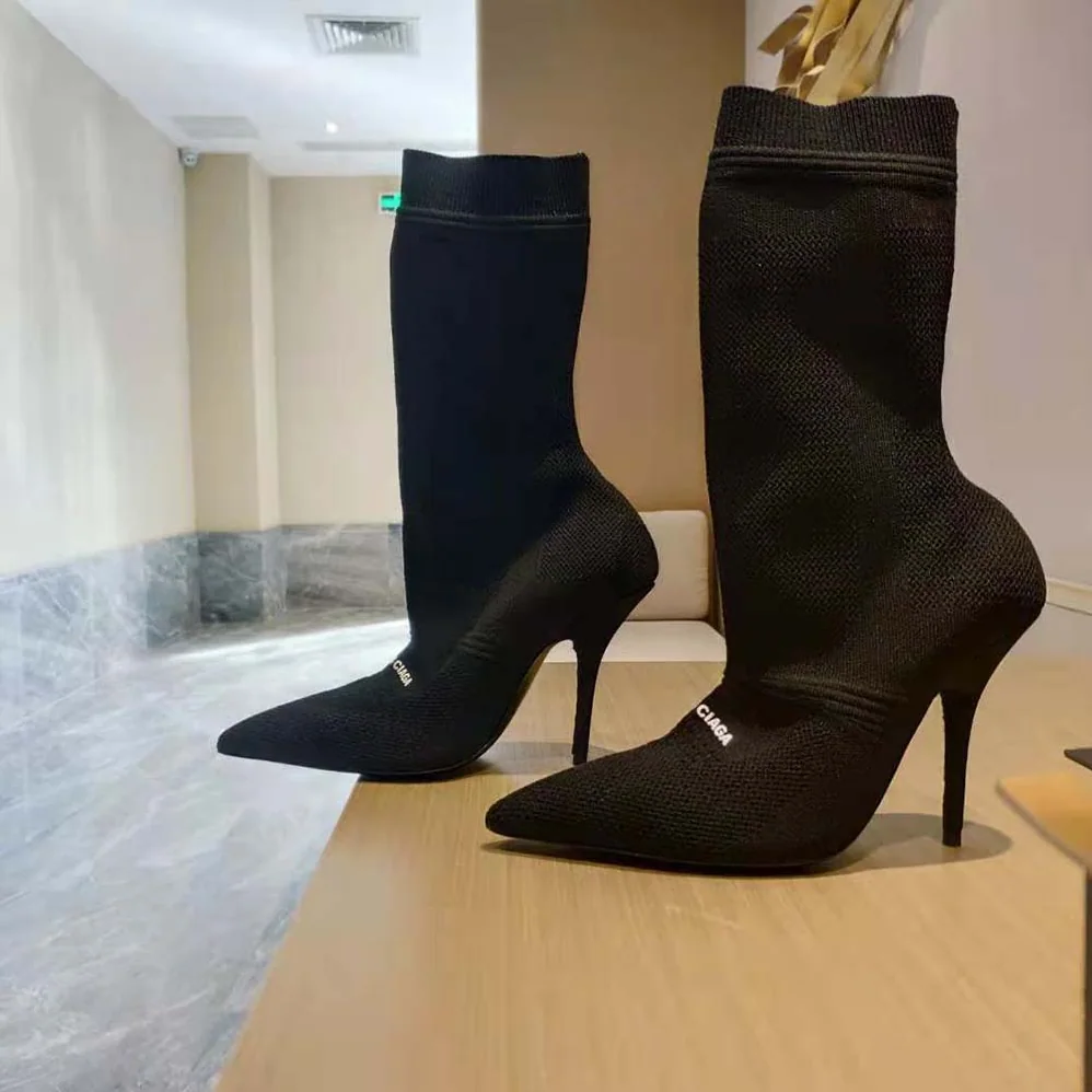 Balenciaga Knife 2.0 80mm Bootie in Black and White Textured Recycled Knit for Women Balenciaga Knife 2.0 80mm Bootie in Black and White Textured Recycled Knit for Women