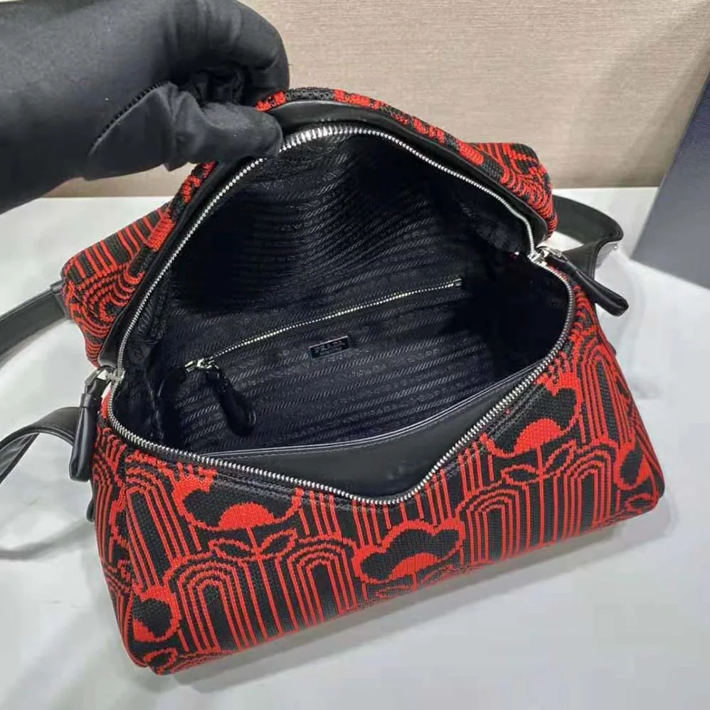 Prada Jacquard Knit and Leather Prada Signaux Bag for Women in Red Prada Jacquard Knit and Leather Prada Signaux Bag for Women in Red