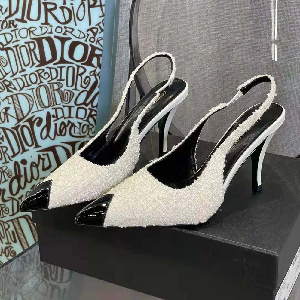 Saint Laurent YSL Vesper Slingback Pumps in Boucle Tweed for Women in White