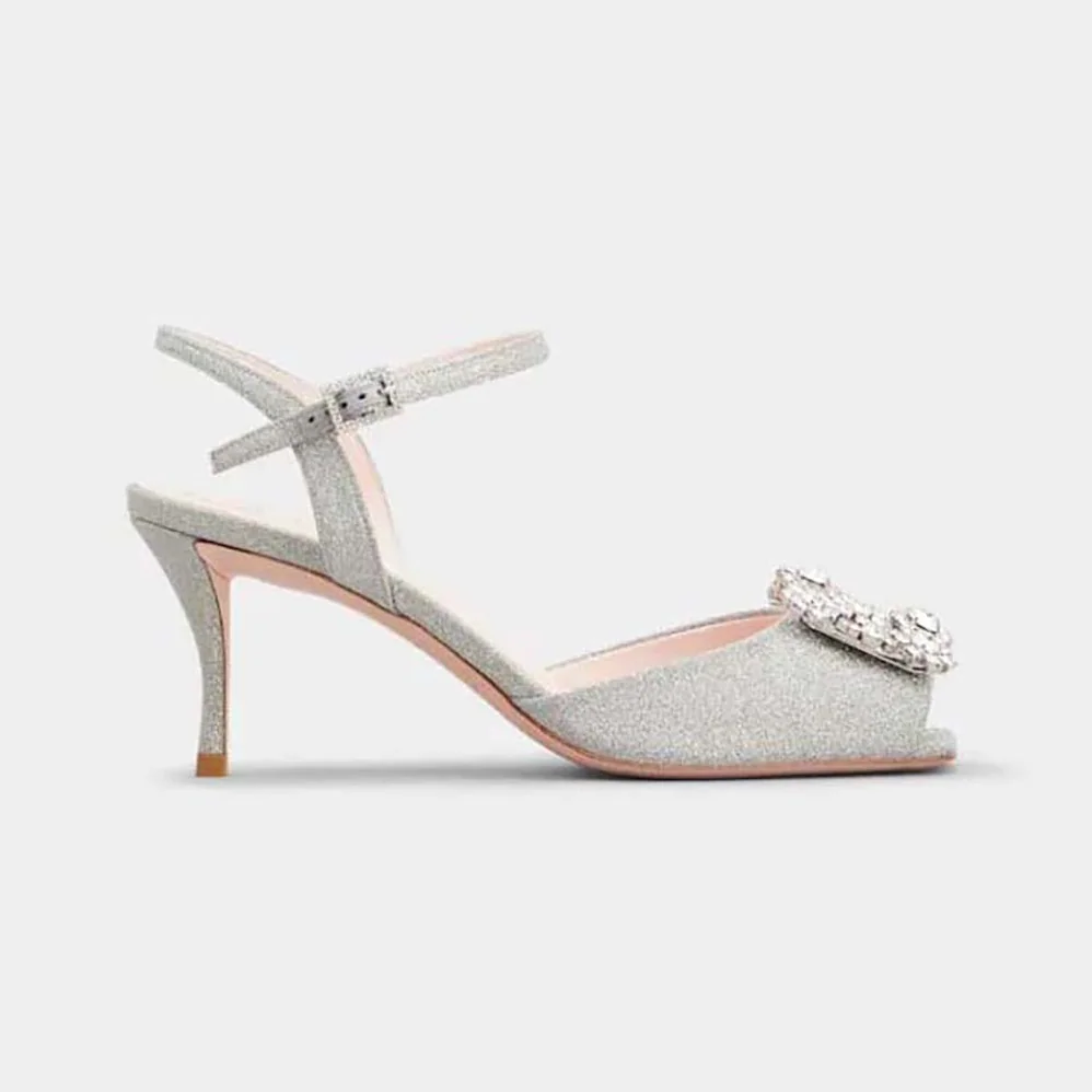 Roger Vivier Flower Strass Buckle Sandals in Satin for Women in Silver Roger Vivier Flower Strass Buckle Sandals in Satin for Women in Silver