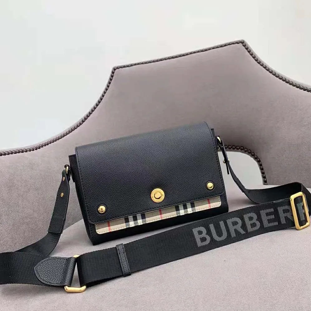 Burberry Leather and Vintage Check Note Crossbody Bag for Women in Black Burberry Leather and Vintage Check Note Crossbody Bag for Women in Black