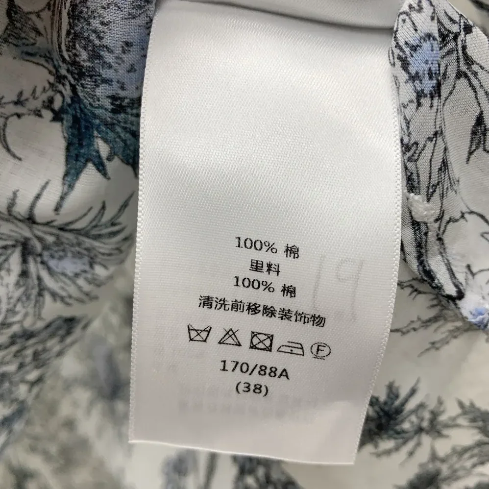 Dior Long Blouse White Cotton Muslin with Blue Dior Chardons Motif for Women