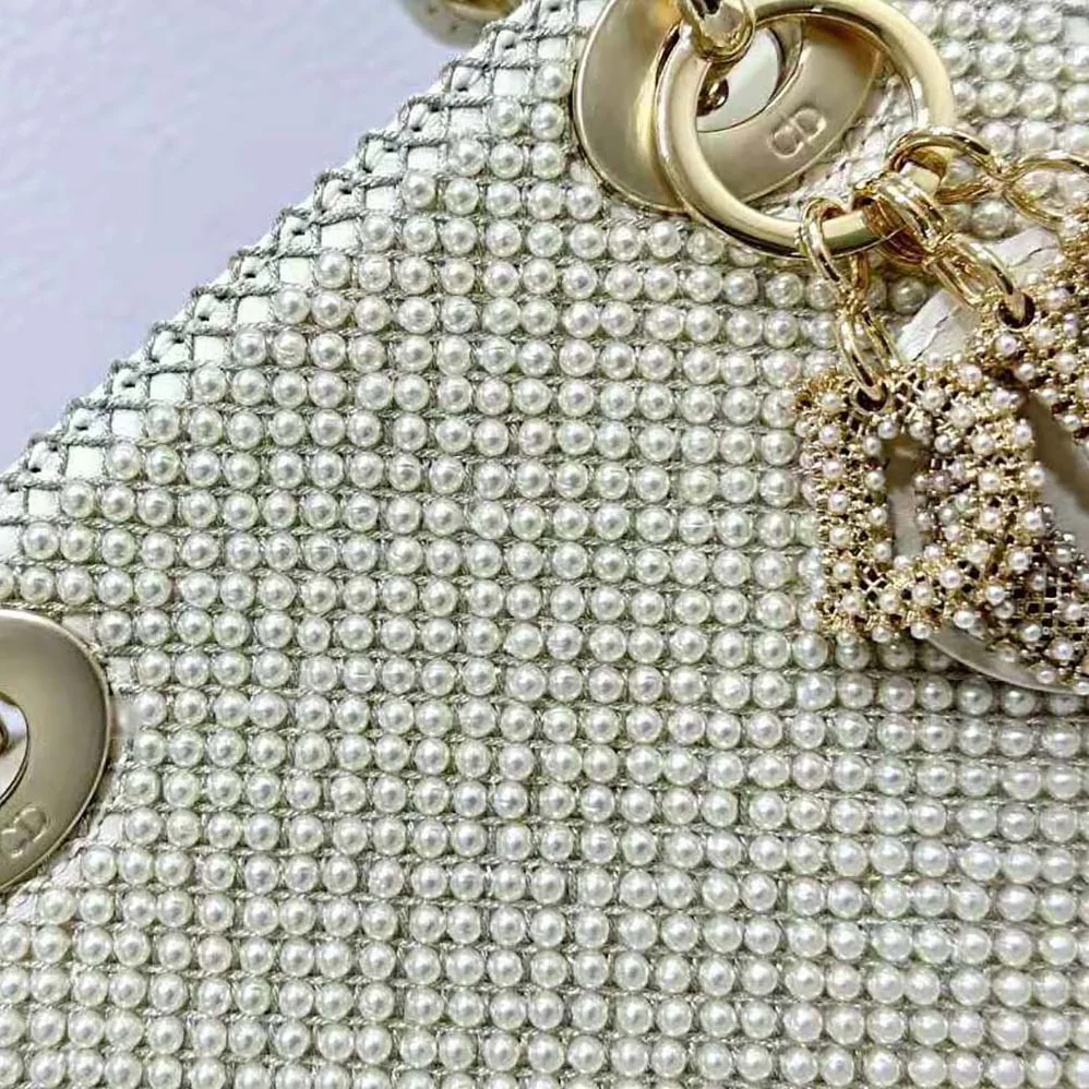 Dior Mini Lady Dior Bag Latte Calfskin Embroidered Entirely with White Resin Pearls for Women