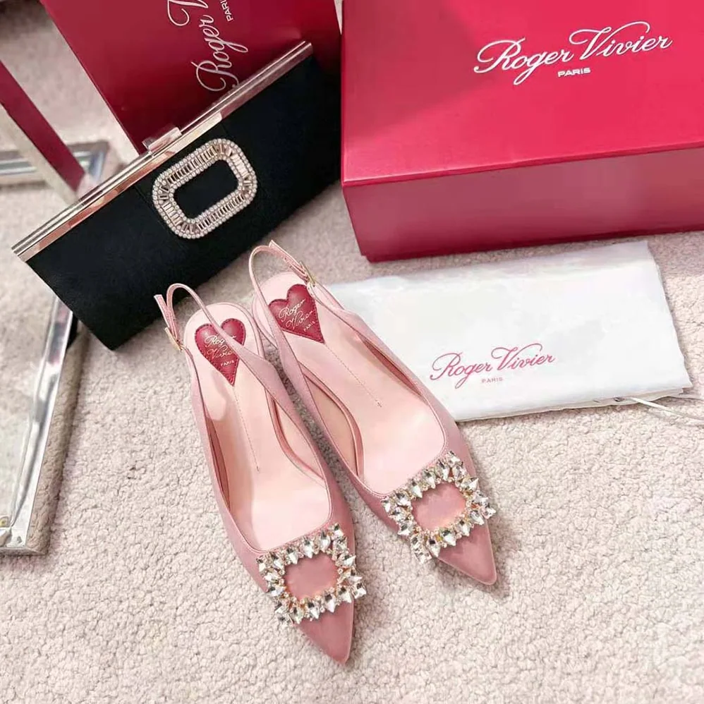 Roger Vivier Virgule Strass Buckle Slingback Pumps in Satin for Women in Pink Roger Vivier Virgule Strass Buckle Slingback Pumps in Satin for Women in Pink