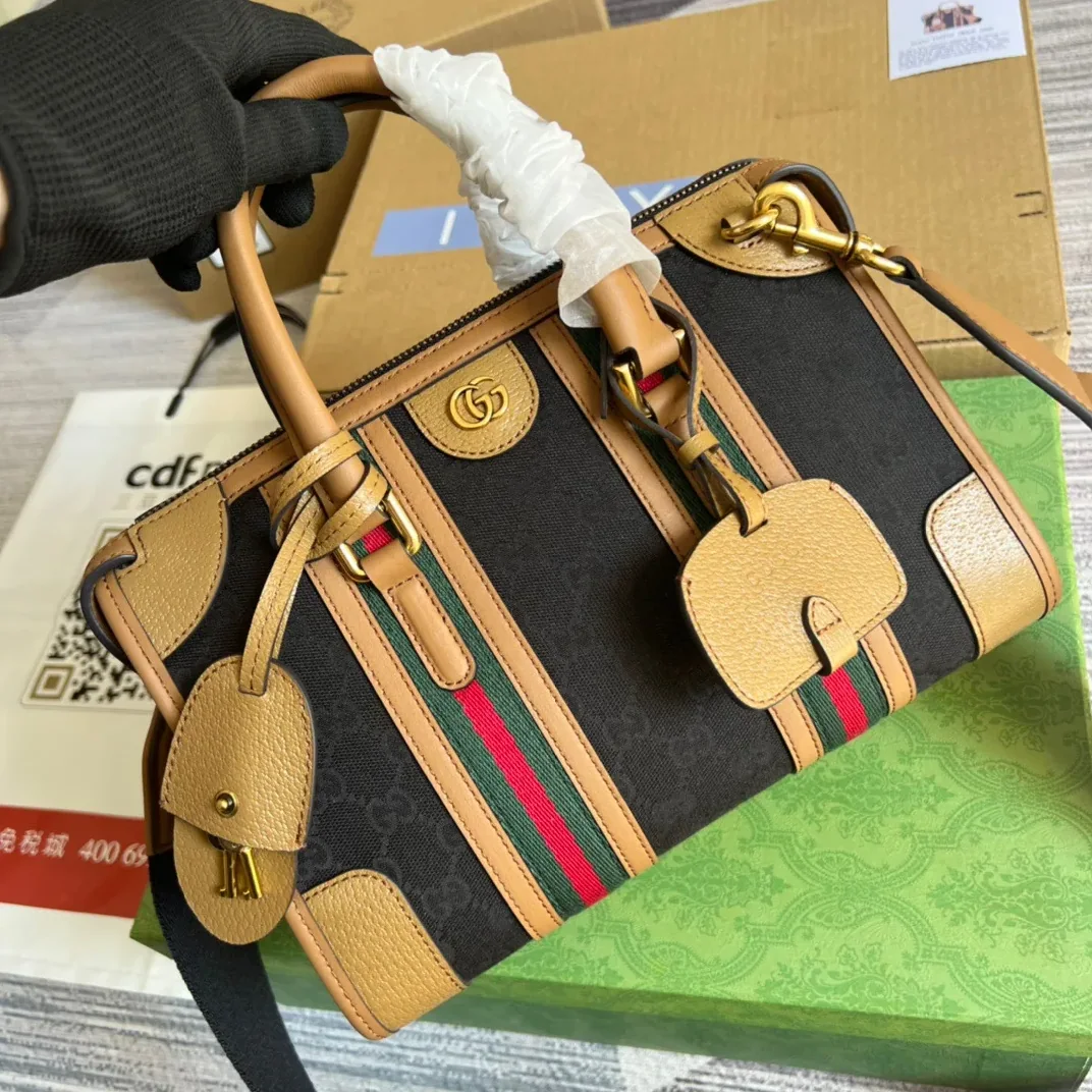 Small Bauletto Top Handle Bag With Double G Brown in Grey / Small Bauletto Top Handle Bag With Double G Brown in Grey /