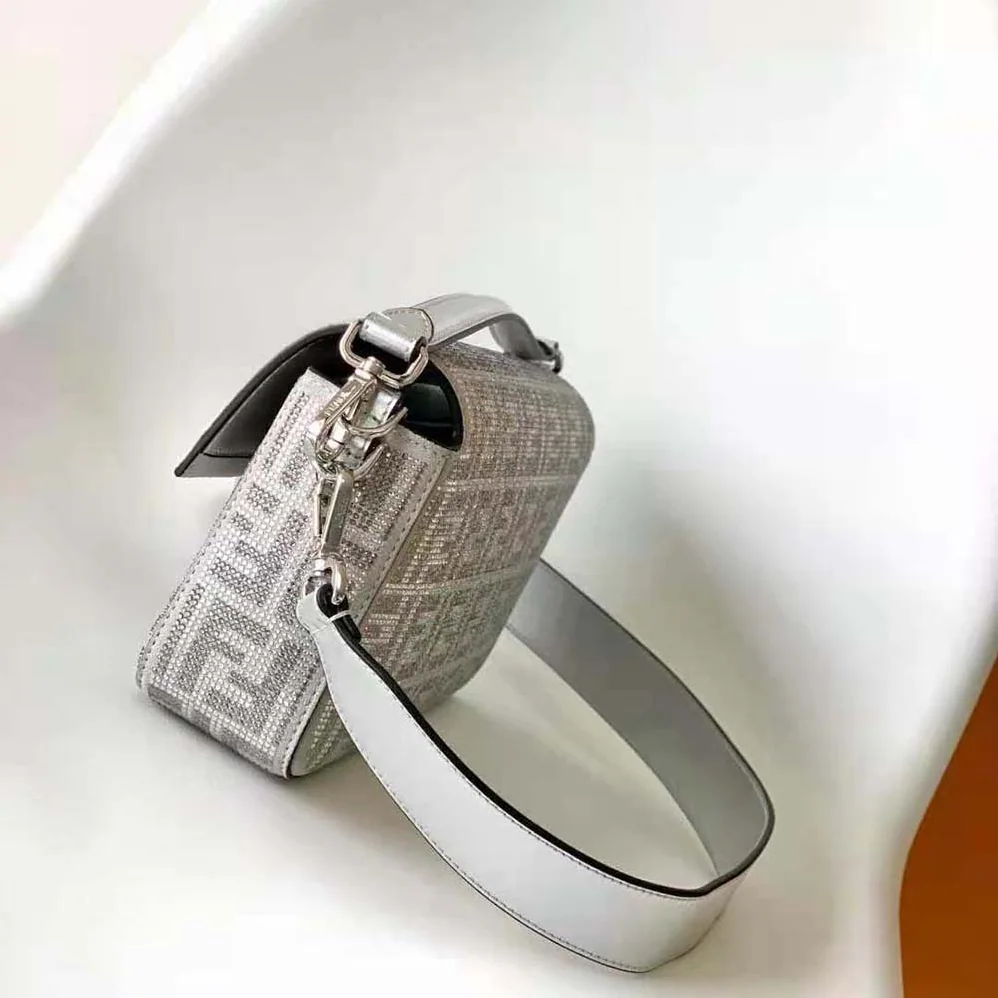 Fendi Baguette Silver Leather Bag with Crystal FF Motif for Women Fendi Baguette Silver Leather Bag with Crystal FF Motif for Women
