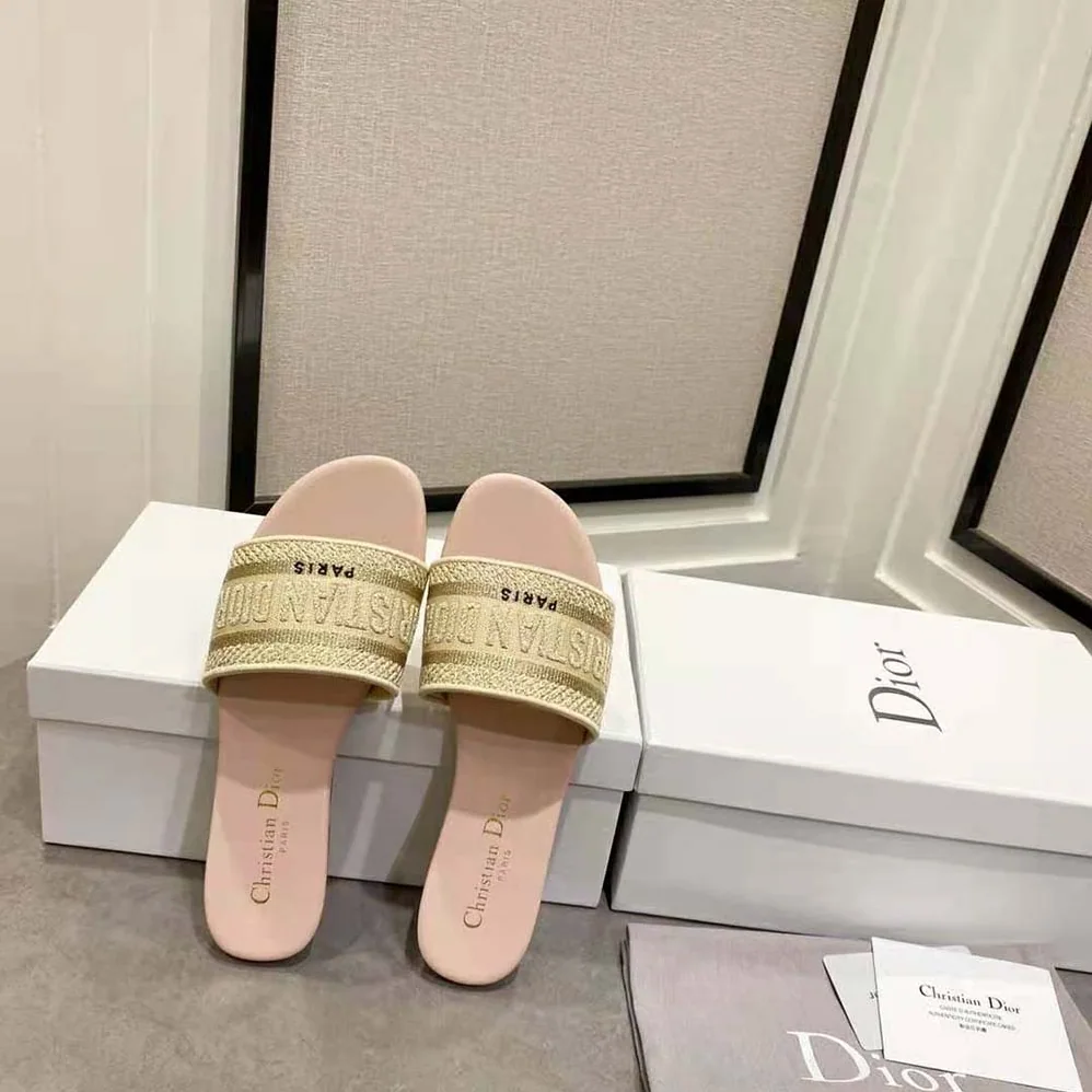Dior Dway Slide Gold-Tone Metallic Thread Embroidered Cotton for Women Dior Dway Slide Gold-Tone Metallic Thread Embroidered Cotton for Women
