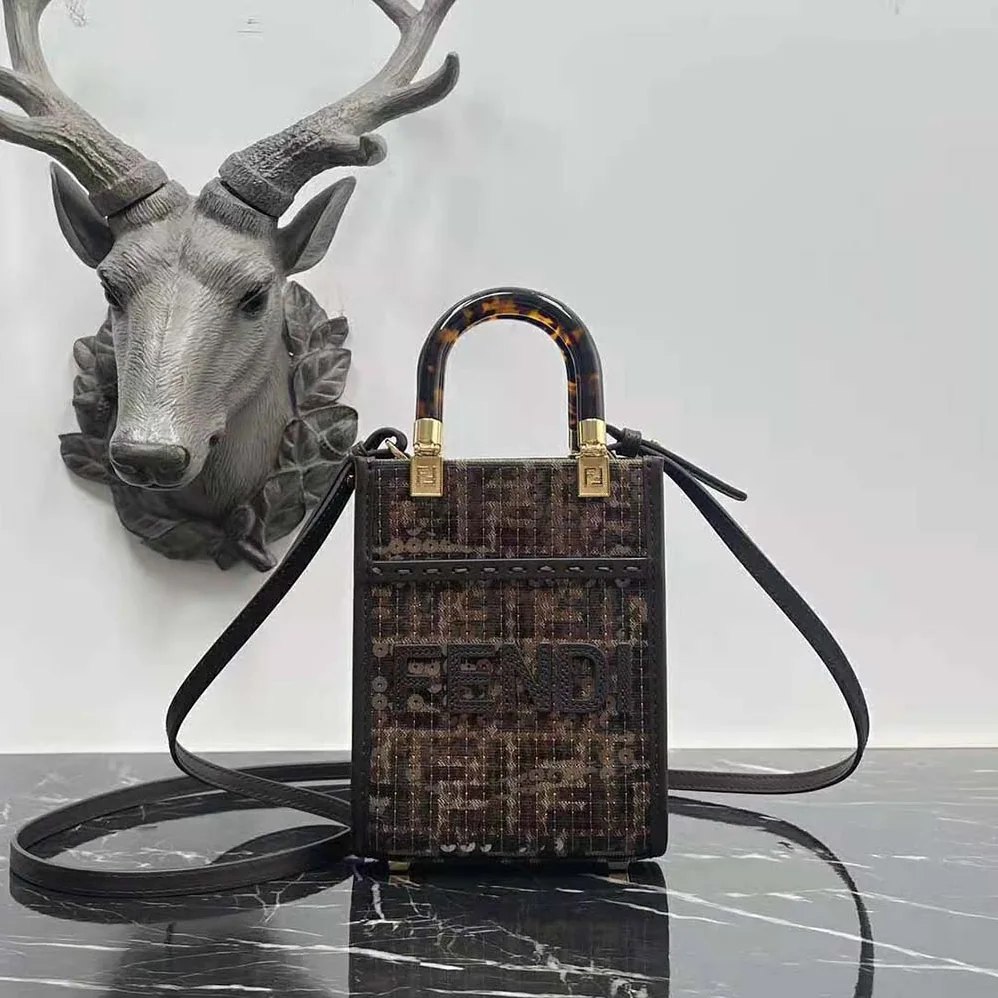 Fendi Mini Sunshine Shopper Brown FF Jacquard Fabric Mini Bag with Sequins for Women