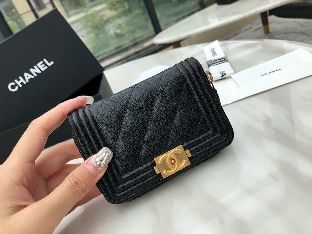 Chanel CO-CO Boy Chanel Zipped Coin Purse in Gold Toned Hardware Black