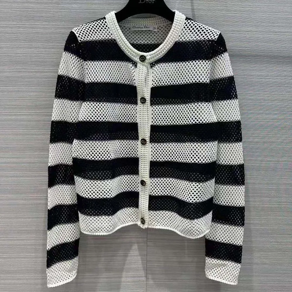 Dior Marinière Cardigan Navy Blue and White Openwork Cotton Knit for Women