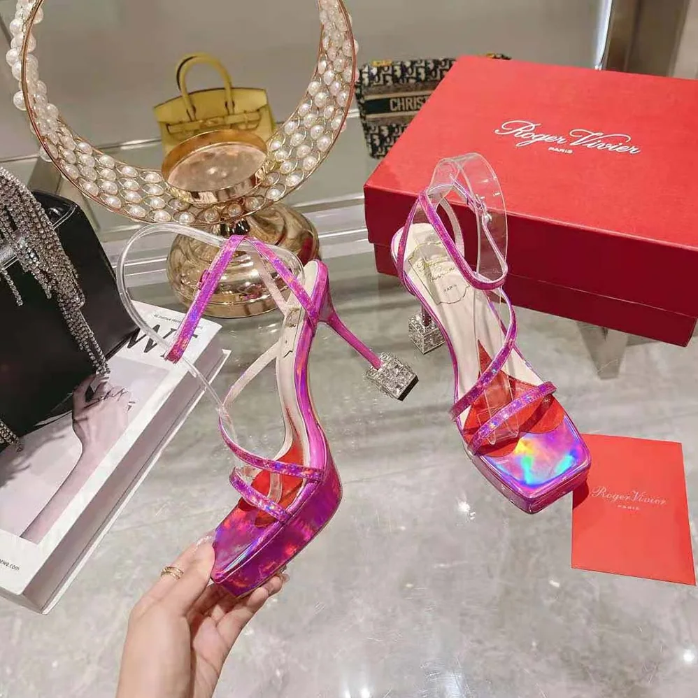 Roger Vivier Cube Strass Heel Sandals in Leather for Women in Purple Roger Vivier Cube Strass Heel Sandals in Leather for Women in Purple