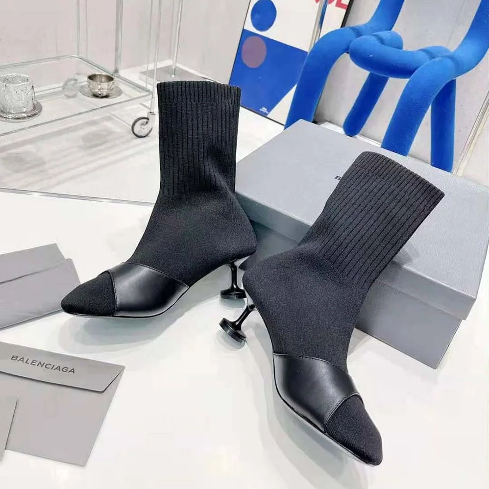 Balenciaga Sock 50mm Bootie in Black Smooth Calfskin and Black Recycled Knit for Women Balenciaga Sock 50mm Bootie in Black Smooth Calfskin and Black Recycled Knit for Women