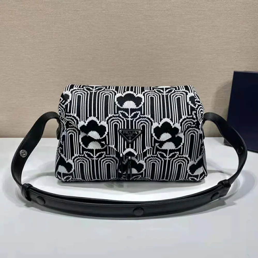 Prada Jacquard Knit and Leather Prada Signaux Bag for Women in Black