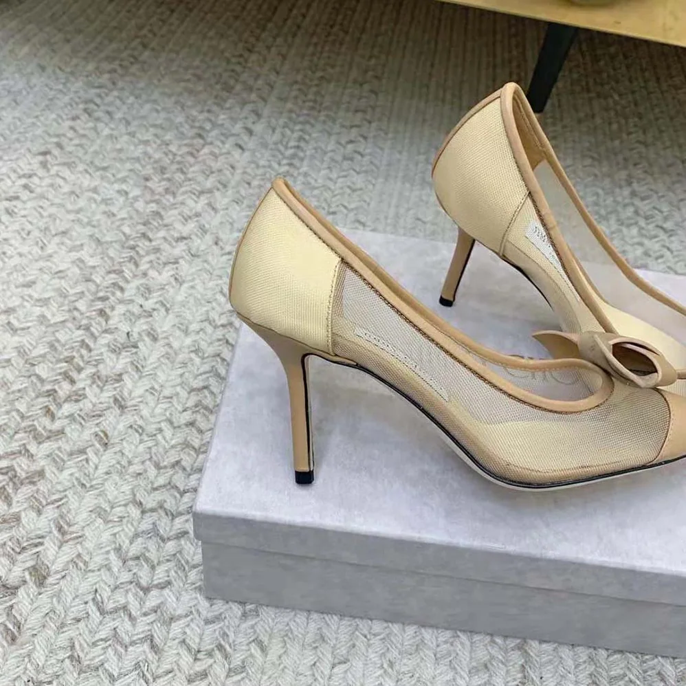 Jimmy Choo Lani 100 Caramel Mesh Pumps with JC Monogram Leather Bow for Women Jimmy Choo Lani 100 Caramel Mesh Pumps with JC Monogram Leather Bow for Women