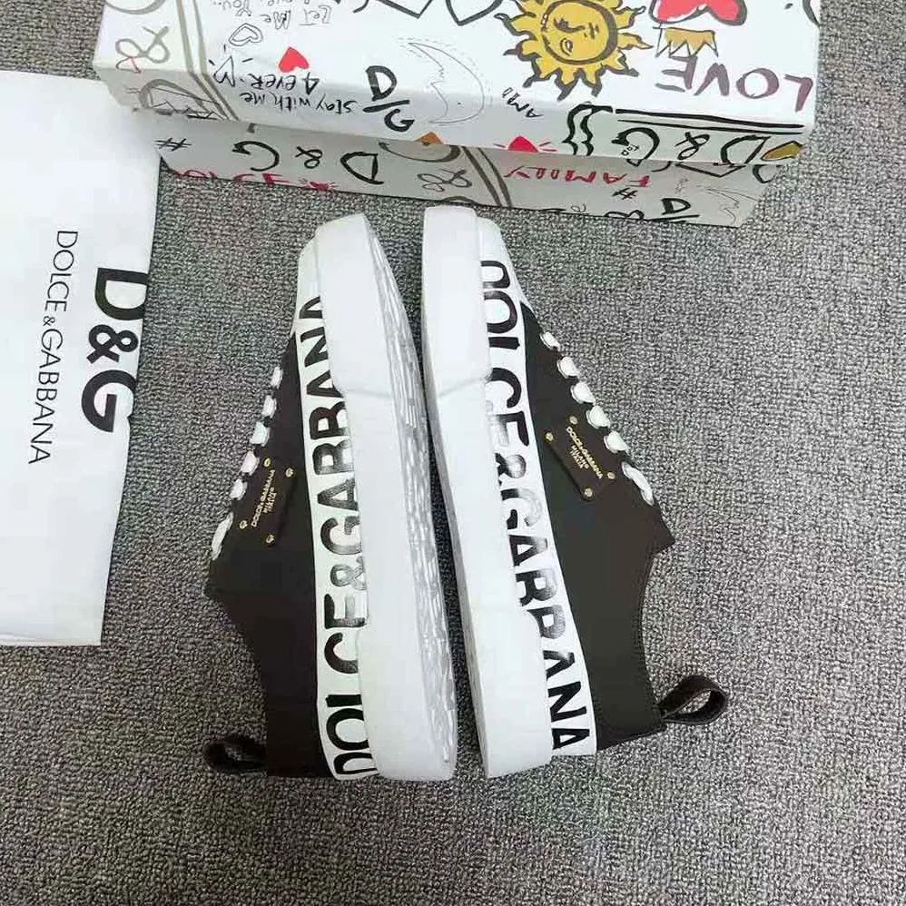 Dolce Gabbana D&G Calfskin Portofino Light Sneakers with Logo-Detailed Plate and Logo Print for Women in Black