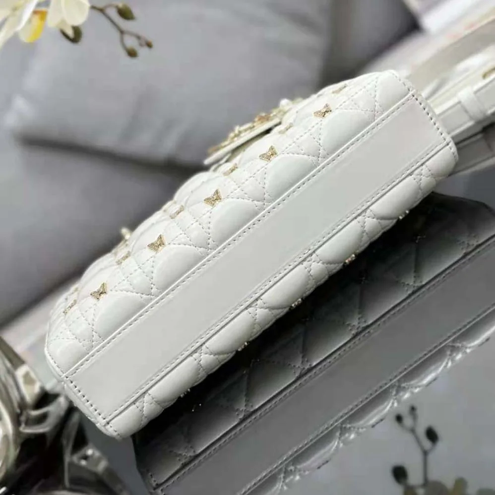 Dior Medium Lady D-joy Bag White Cannage Lambskin with Gold for Women in Finish Butterfly Studs Dior Medium Lady D-joy Bag White Cannage Lambskin with Gold for Women in Finish Butterfly Studs