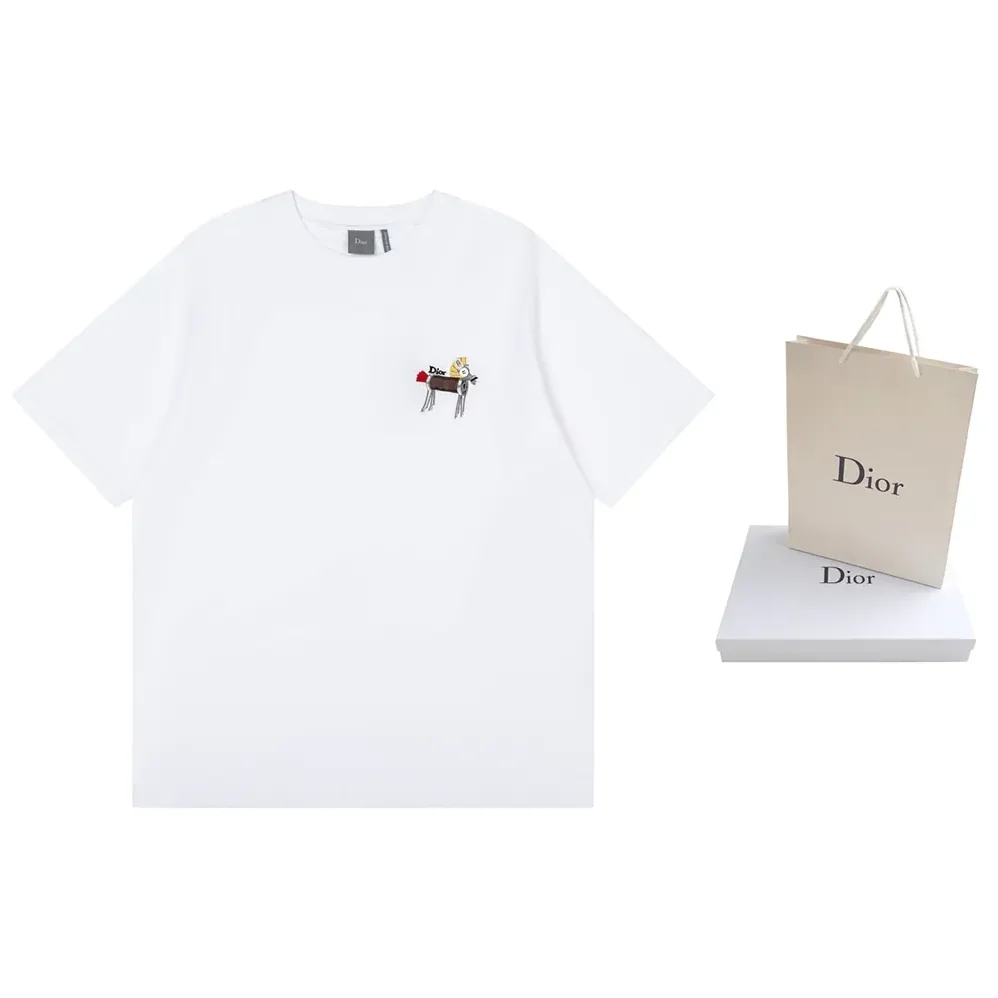 Dior T-Shirt with Horse Embroidery Relaxed Fit White Cotton Jersey for Men