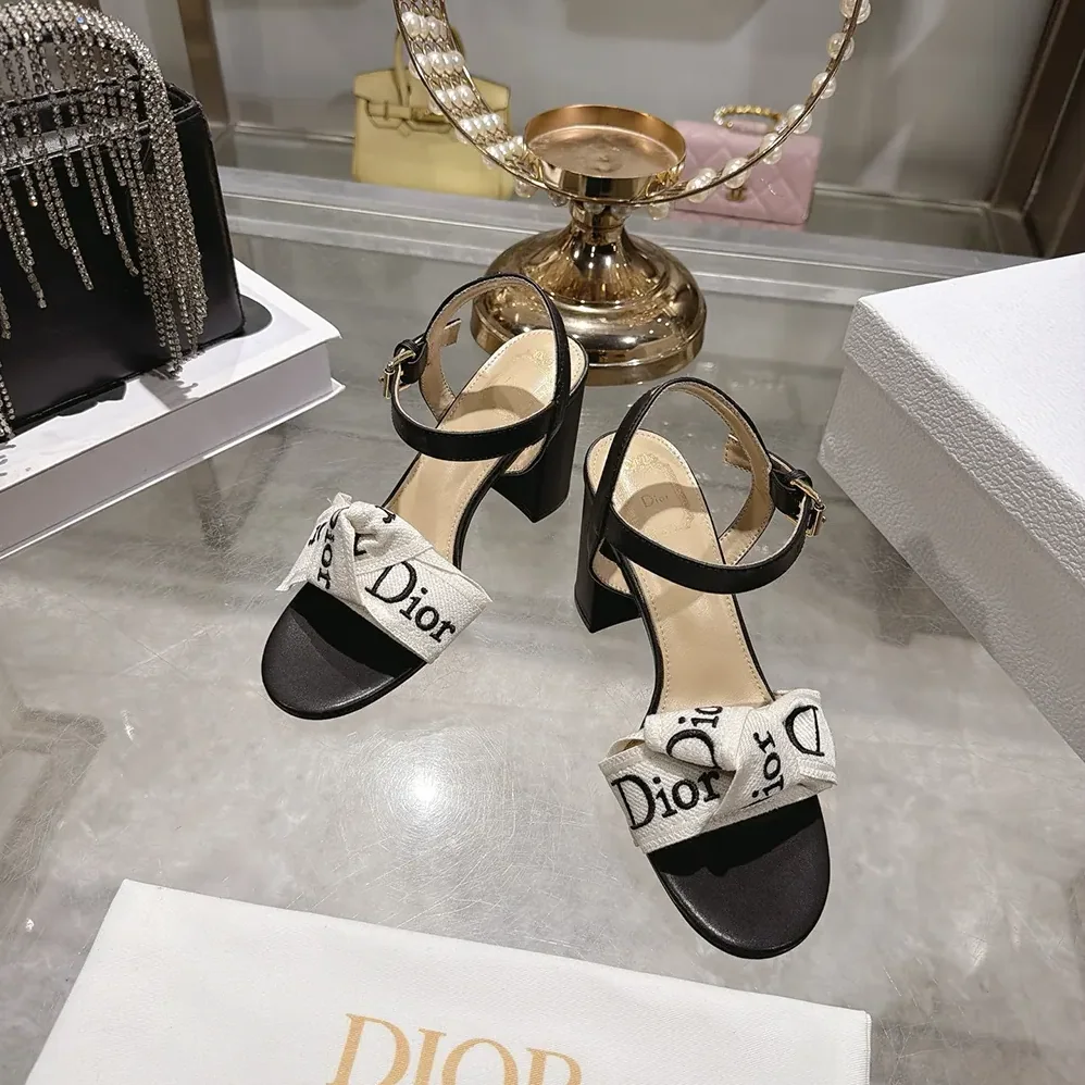 Dior J'Adior Heeled Sandal Embroidered Cotton and Black Lambskin for Women Dior J'Adior Heeled Sandal Embroidered Cotton and Black Lambskin for Women