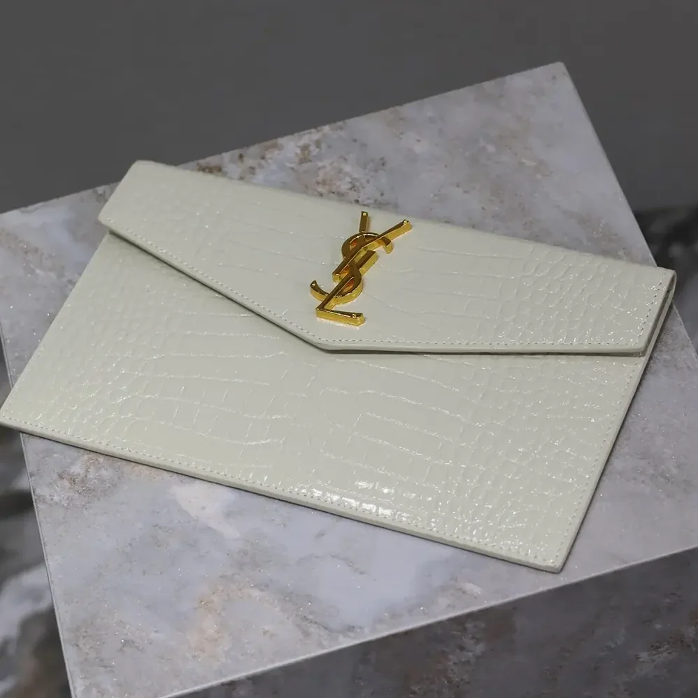 Saint Laurent YSL Uptown Pouch in Crocodile-embossed Shiny Leather for Women in White