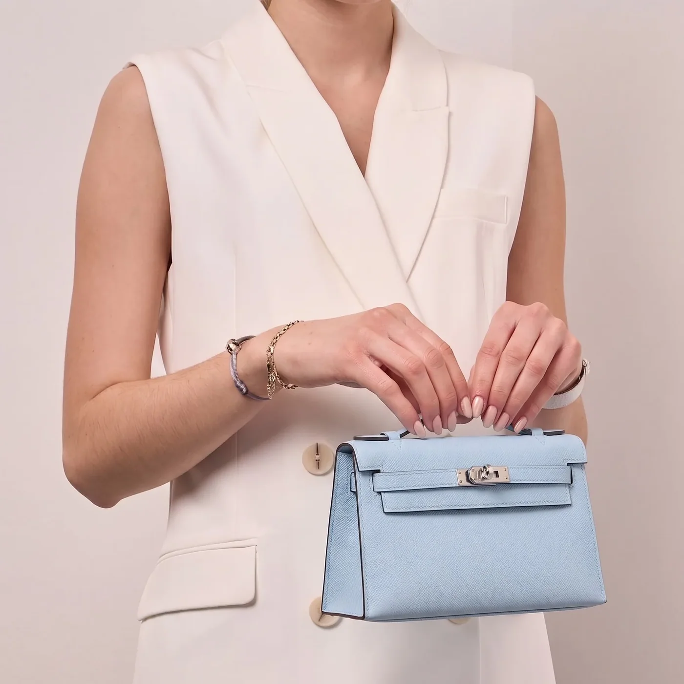 Hermes Kelly Pochette Top Handle Bag / Sky Blue Epsom Palladium Hardware Hermes Kelly Pochette Top Handle Bag / Sky Blue Epsom Palladium Hardware