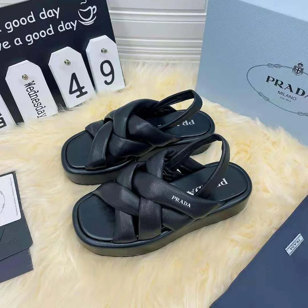 Prada Nappa Leather Flatform Sandals for Women in Black Prada Nappa Leather Flatform Sandals for Women in Black