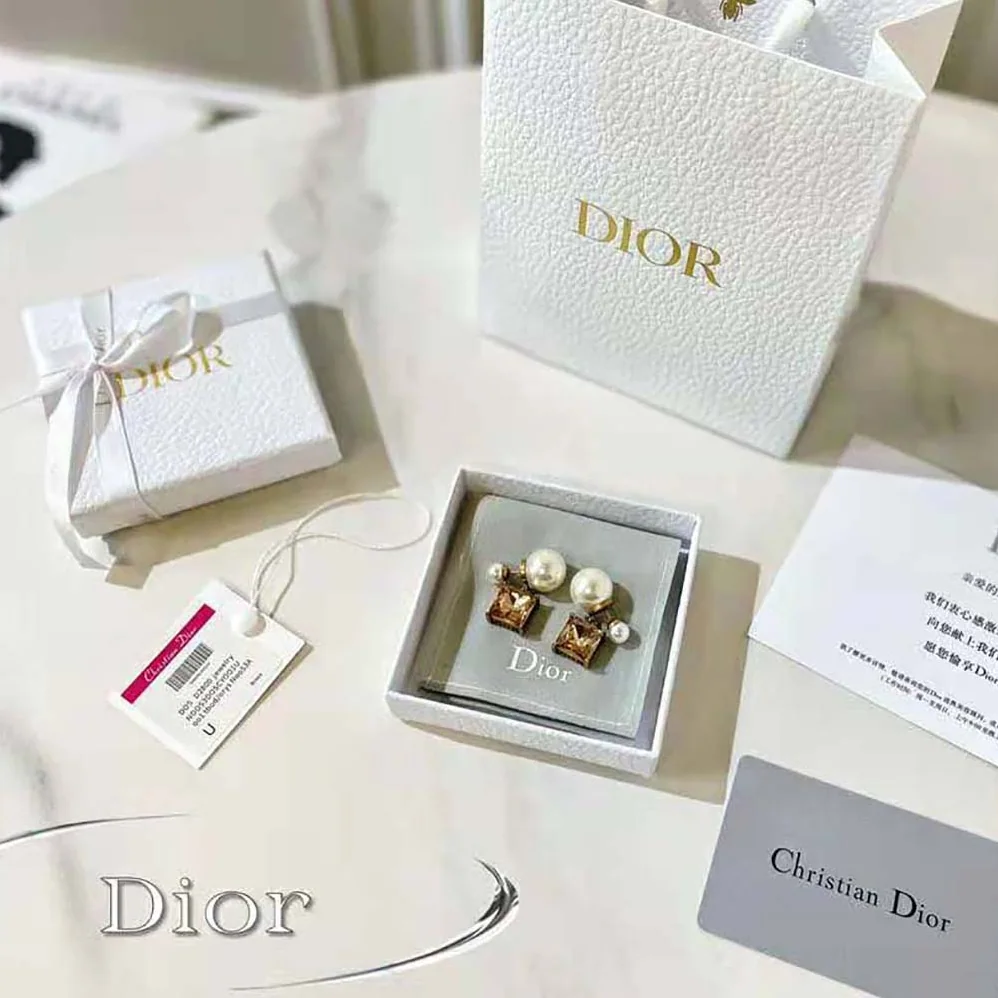Dior Tribales Earrings Antique Gold-Finish Metal with White Resin Pearls and Citrine for Women