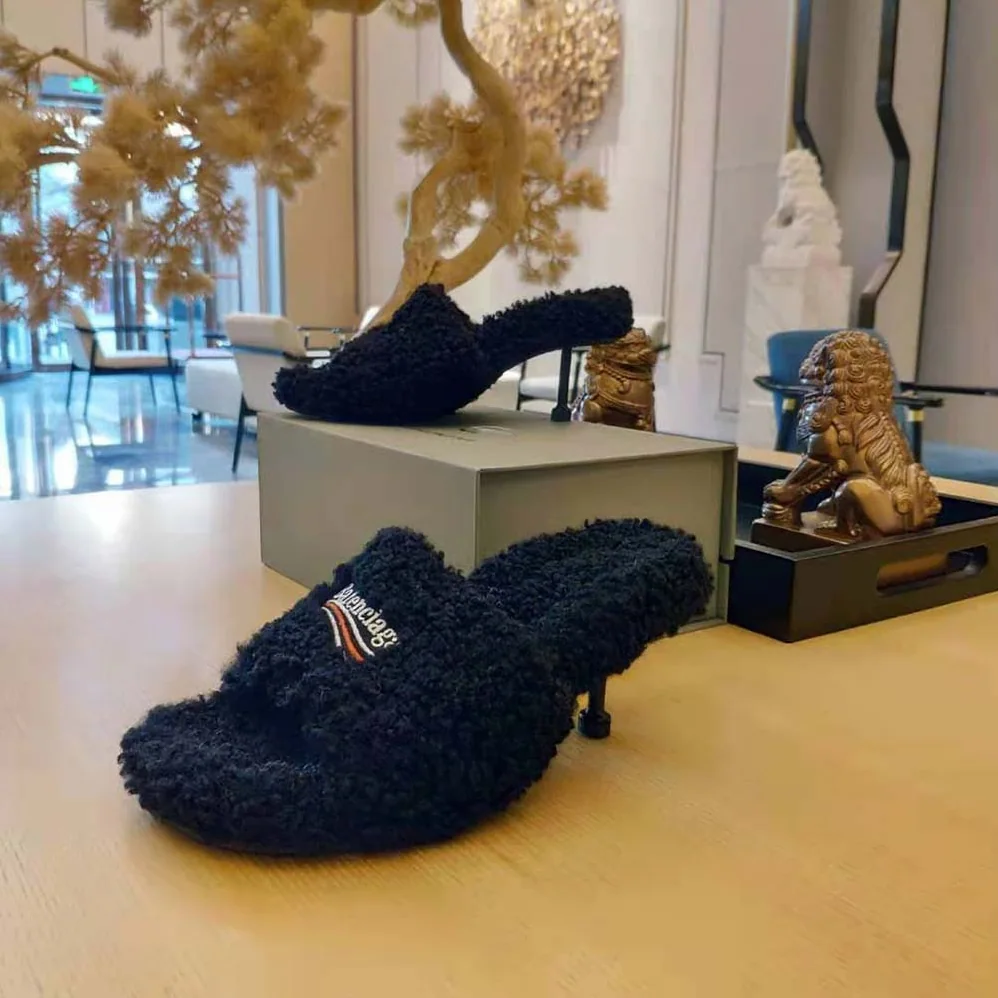 Balenciaga Furry 80mm Sandal in Black Fake Shearling for Women Balenciaga Furry 80mm Sandal in Black Fake Shearling for Women