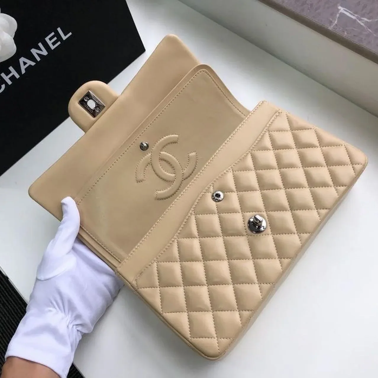 Chanel Classic Double Flap Bag Medium Crossbody in Beige Silver Hardware