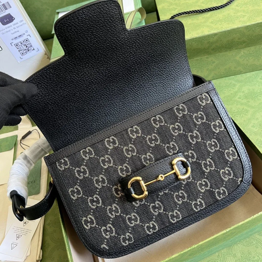 Gucci Horsebit 1955 Shoulder Bag / Black And Ivory GG Denim Jacquard Gold Hardware Gucci Horsebit 1955 Shoulder Bag / Black And Ivory GG Denim Jacquard Gold Hardware