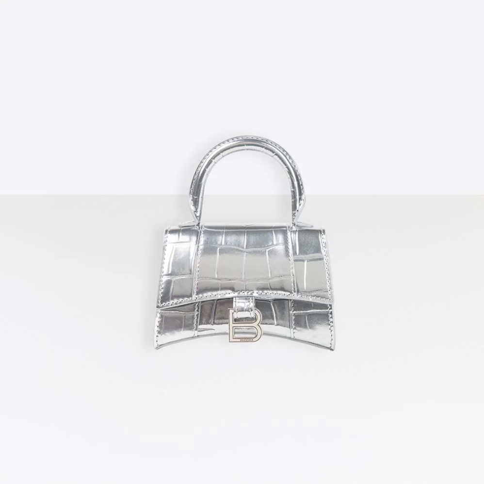 Balenciaga Hourglass Mini Top Handle Bag in Silver Crocodile Embossed Calfskin for Women