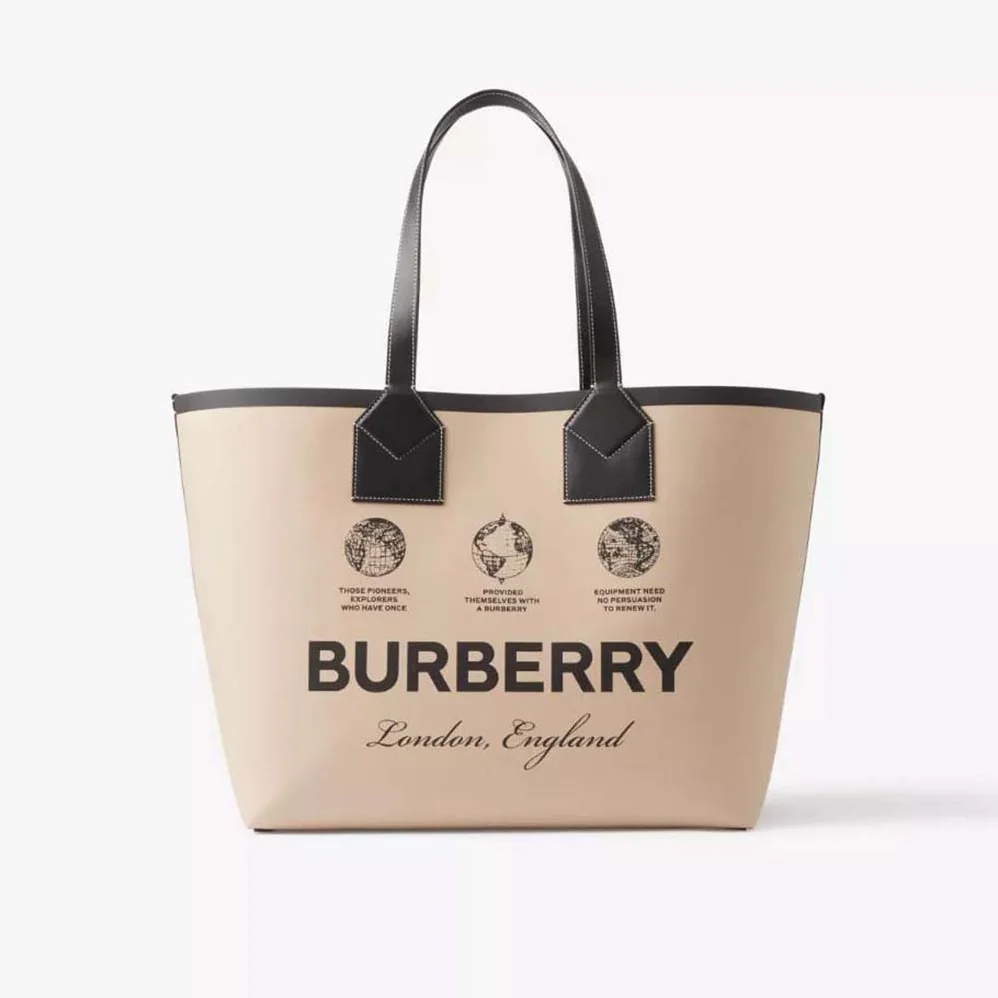 Burberry Label Print Cotton and Leather Large London Tote Bag for Women