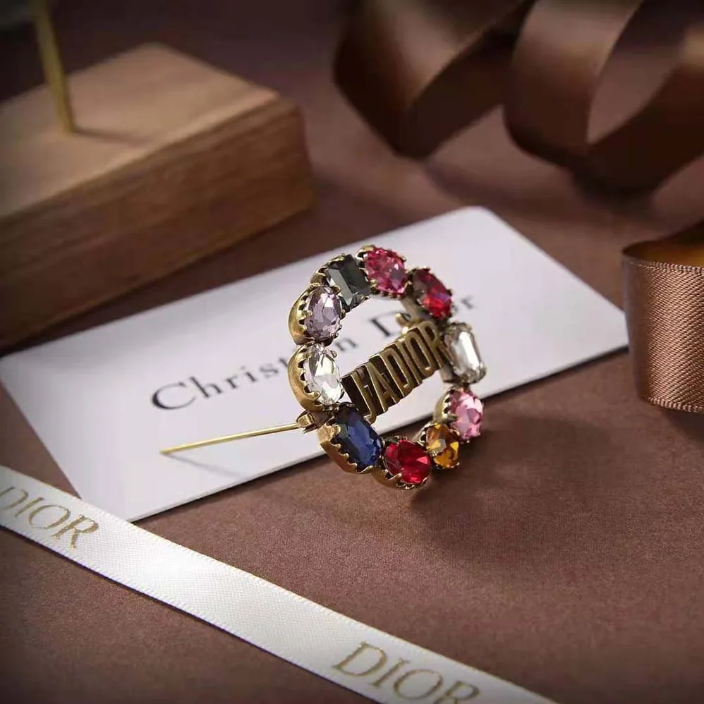 Dior J'Adior Brooch Antique Gold-Finish Metal and Multicolor Crystals for Women