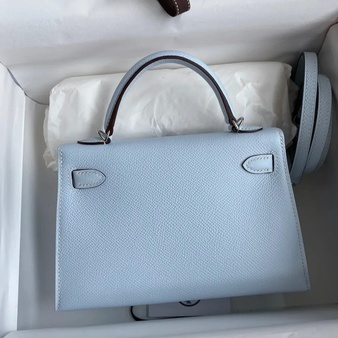 Hermes Kelly Mini Top Handle Bag / Sky Blue Epsom Palladium Hardware Hermes Kelly Mini Top Handle Bag / Sky Blue Epsom Palladium Hardware