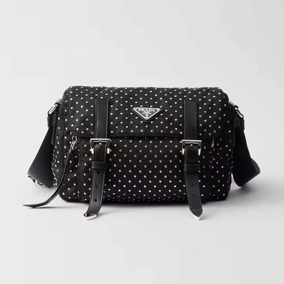 Prada Re-Nylon Shoulder Bag with Studs for Women