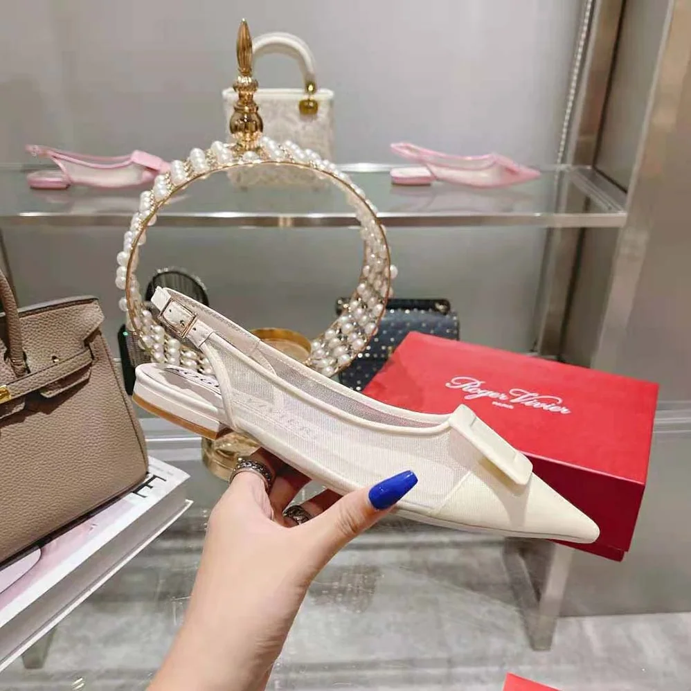 Roger Vivier Gommettine Net Lacquered Buckle Slingback Ballerinas in Fabric for Women in White
