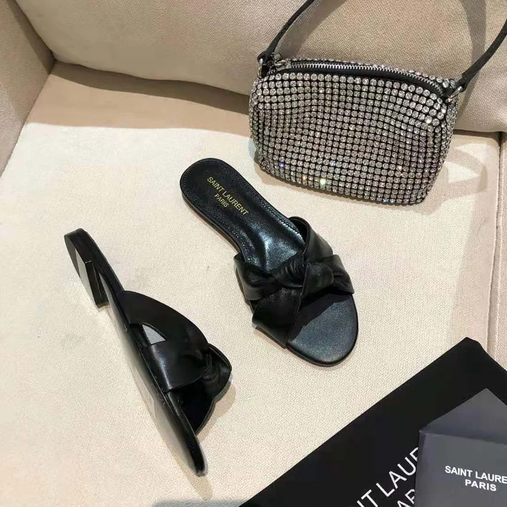 Saint Laurent YSL Bianca Flat Mules in Smooth Leather for Women in Black
