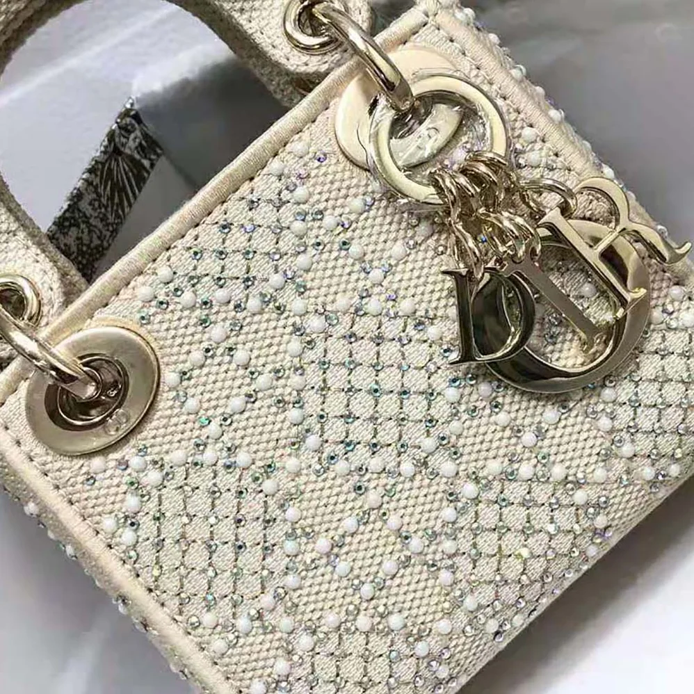 Dior Micro Lady Dior Bag Beige Canvas Embroidered with Metallic Thread Beads and Multicolor Crystals for Women Dior Micro Lady Dior Bag Beige Canvas Embroidered with Metallic Thread Beads and Multicolor Crystals for Women