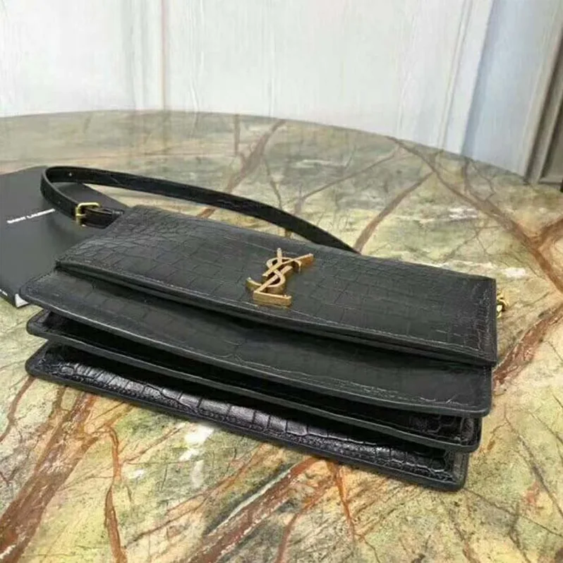 Saint Laurent YSL Sunset Medium Supple Crocodile Embossed for Women in Black