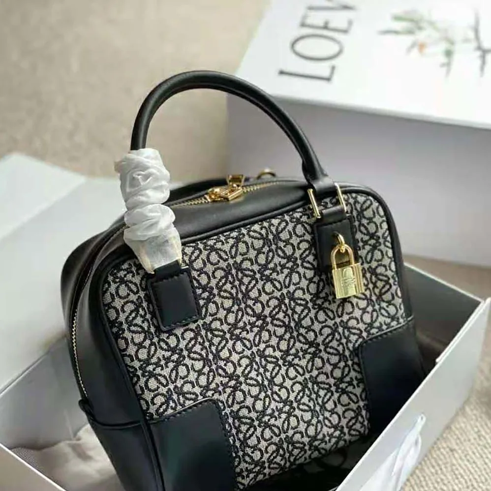 Loewe Amazona 19 Square Bag in Jacquard and Calfskin for Women in Black