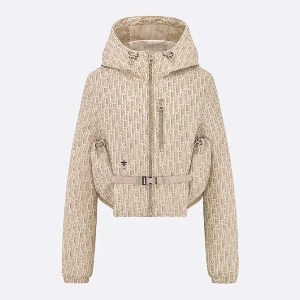 Dior Cropped Hooded Jacket Beige Technical Jacquard Taffeta with Dior Oblique Motif for Men